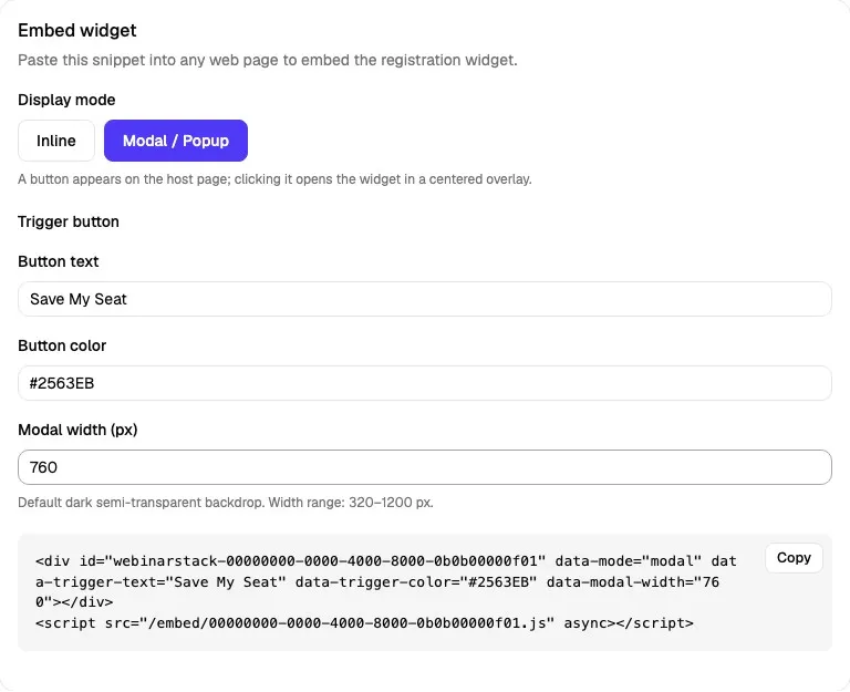 Embed widget card showing Modal / Popup mode with button text, button color, modal width, and a modal embed snippet