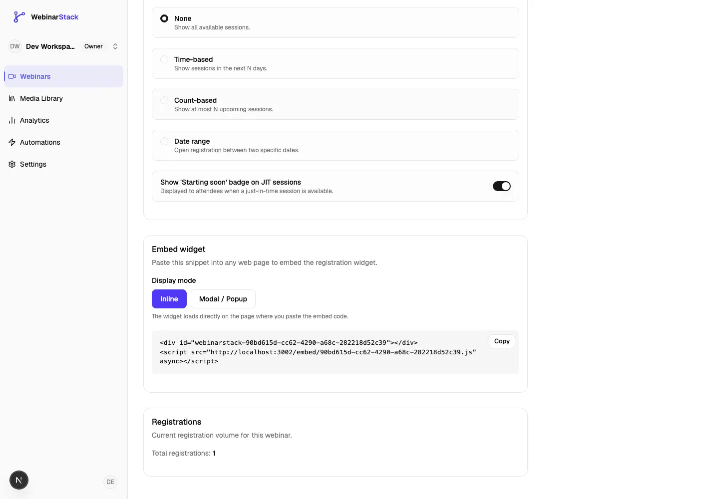 Registration embed widget settings showing inline and modal display modes and the generated embed code