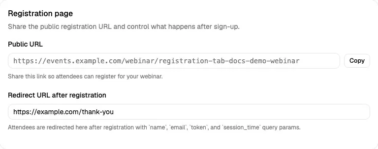 Registration page card showing the public URL, Copy button, and redirect URL after registration field