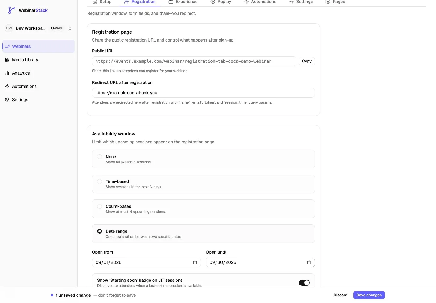 Registration tab with a changed availability setting and the sticky Save changes bar showing one unsaved change