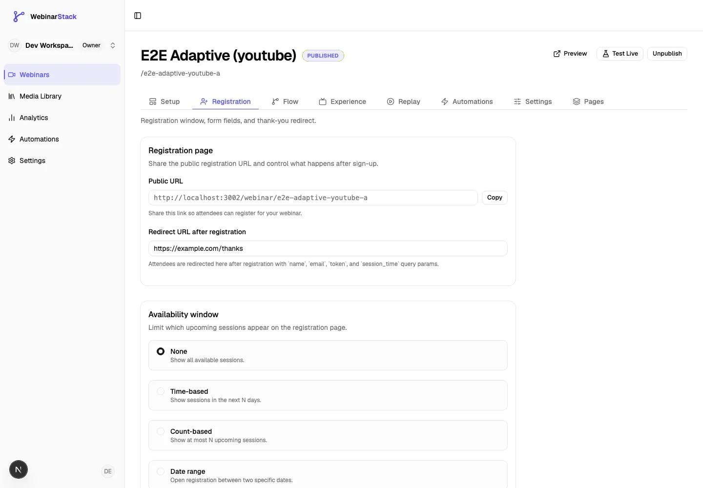 Registration tab showing the public registration URL, redirect URL after registration, and availability window options