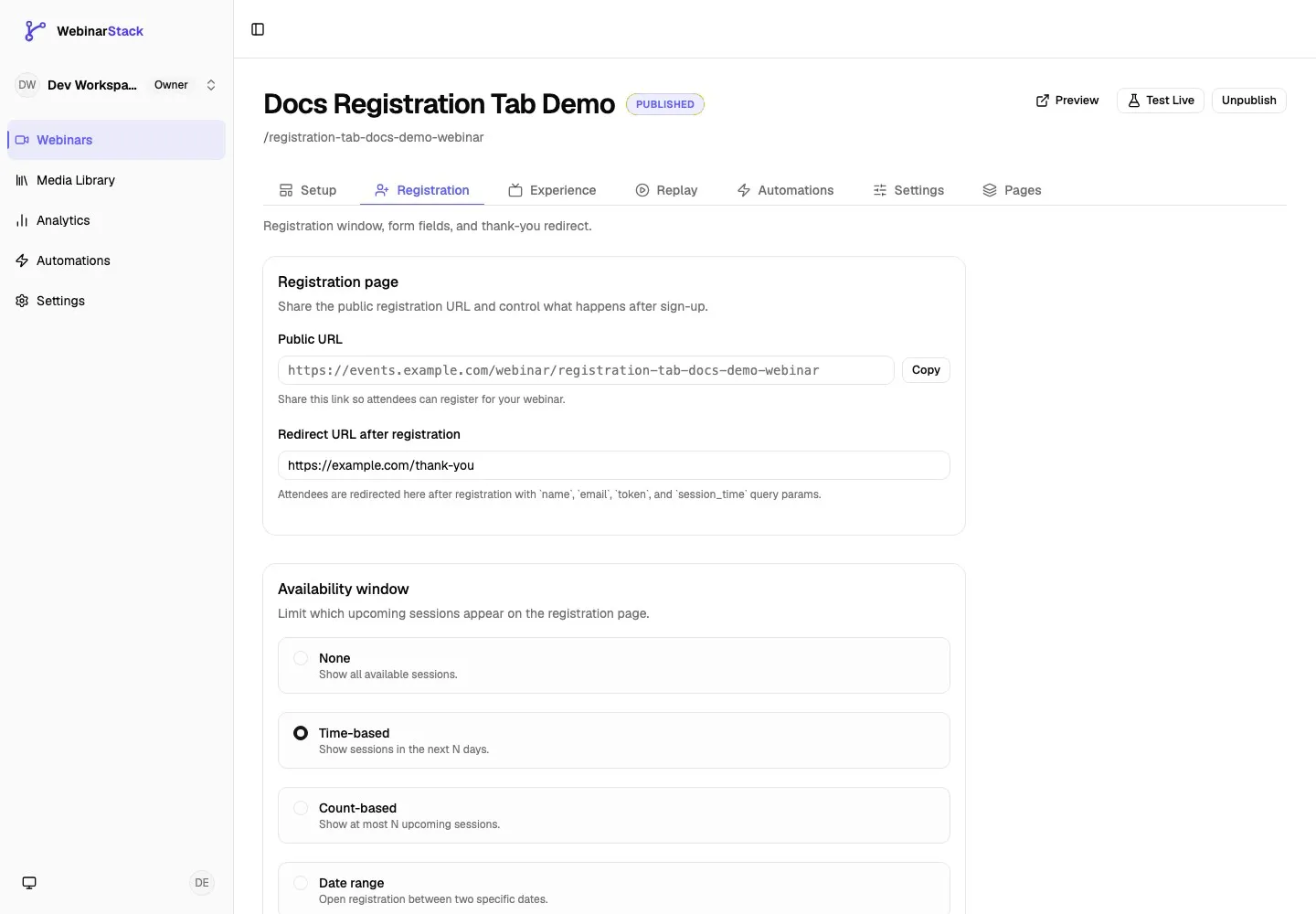 Webinar editor Registration tab showing the public registration URL, redirect URL after registration, and availability window options