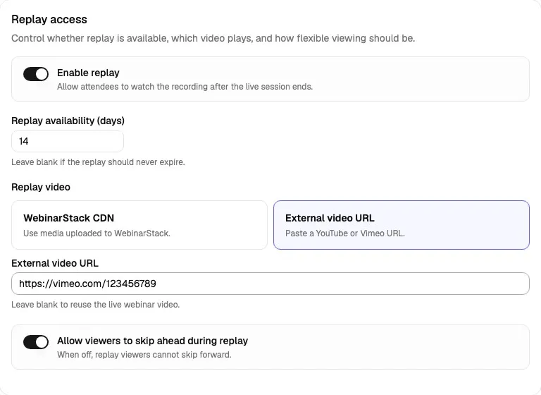 Replay access card showing External video URL selected with a Vimeo URL entered