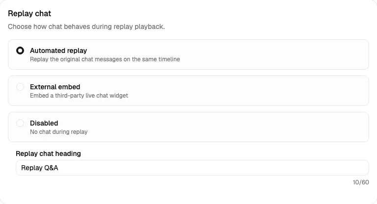 Replay chat card showing Automated replay selected with the Replay Q&A heading