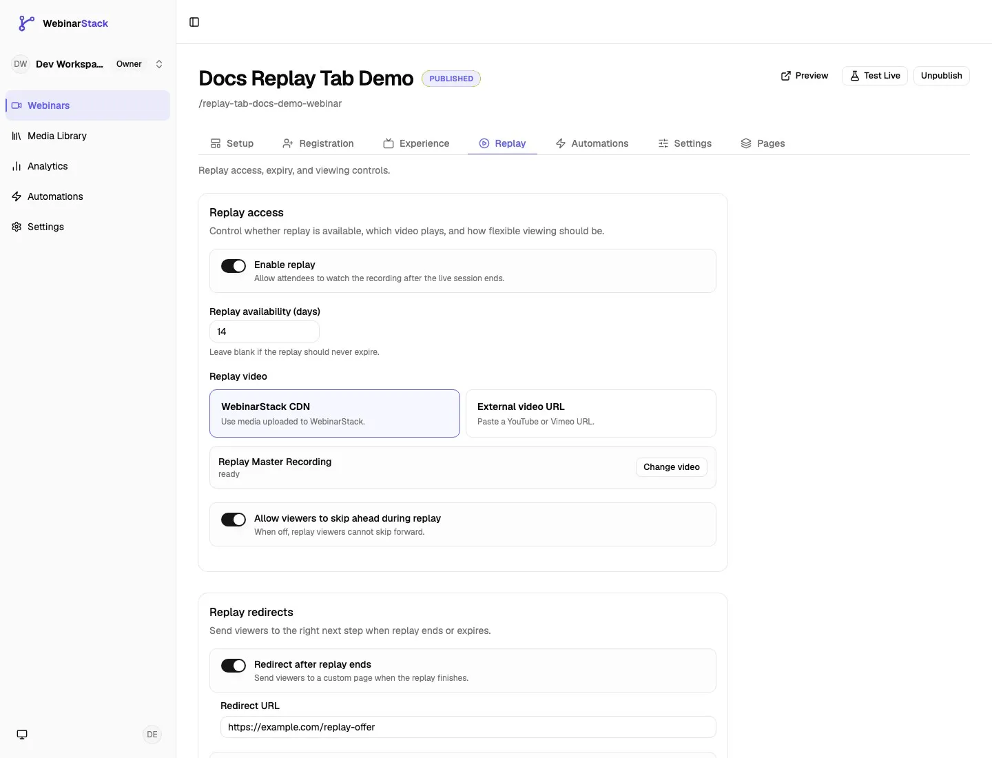 Webinar editor Replay tab showing replay access, replay video, skip-ahead controls, and replay redirects