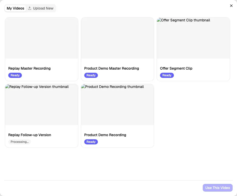 WebinarStack CDN video picker showing the My Videos tab and hosted replay recordings