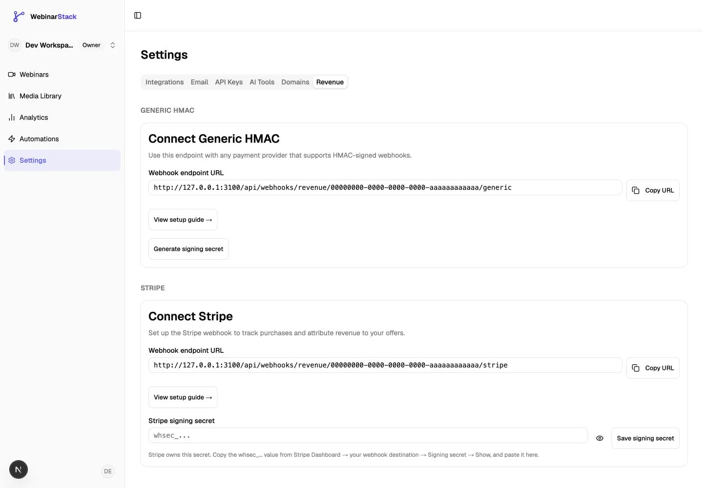 Revenue settings showing Generic HMAC and Stripe webhook endpoint setup cards