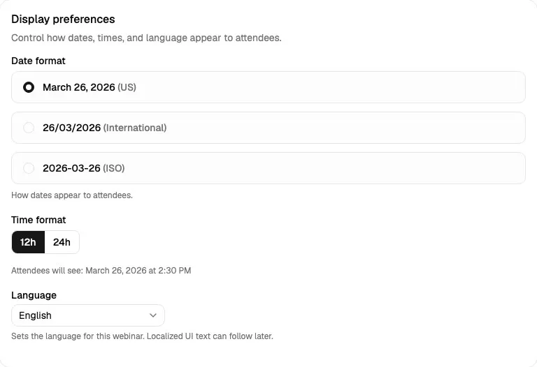 Display preferences card showing date format, time format, attendee preview text, and language selection