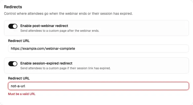 Redirects card showing an invalid session-expired redirect URL and Must be a valid URL validation message