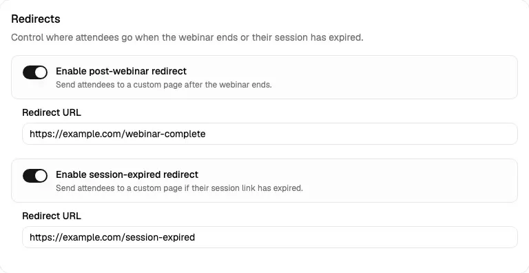 Redirects card showing post-webinar and session-expired redirect toggles with URLs