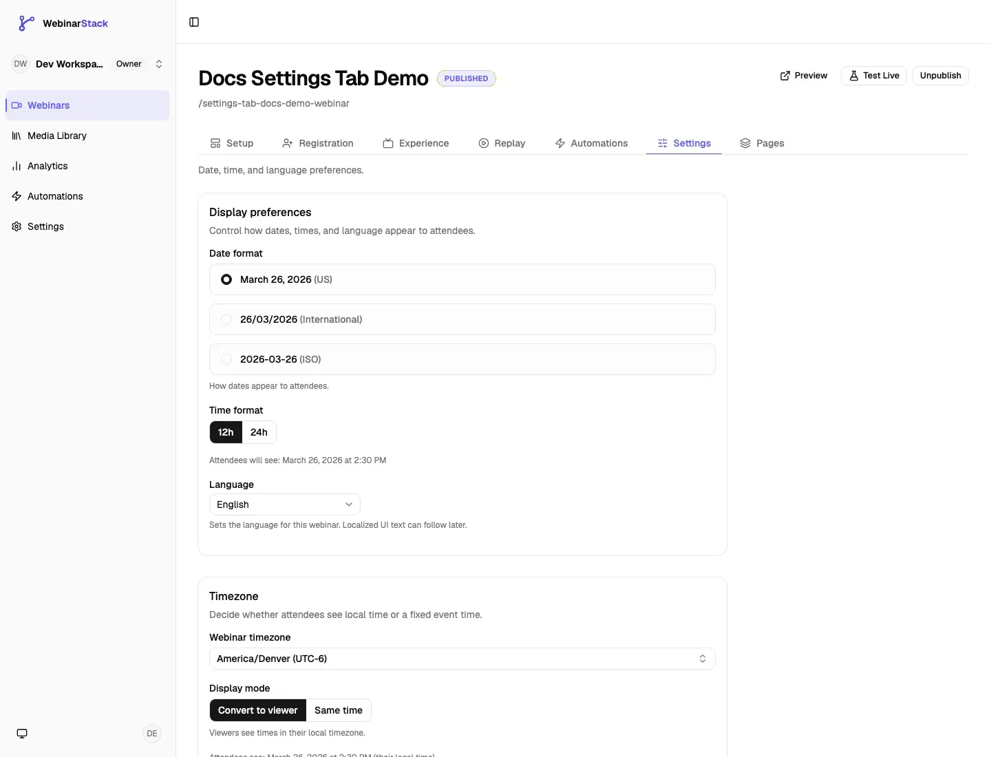 Webinar editor Settings tab showing display preferences and timezone controls