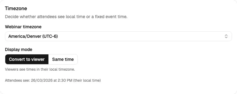 Timezone card showing America/Denver selected and Convert to viewer mode active