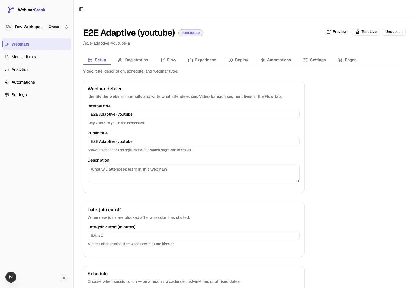 Setup tab showing webinar details, public title, description, late-join cutoff, and the beginning of the schedule section