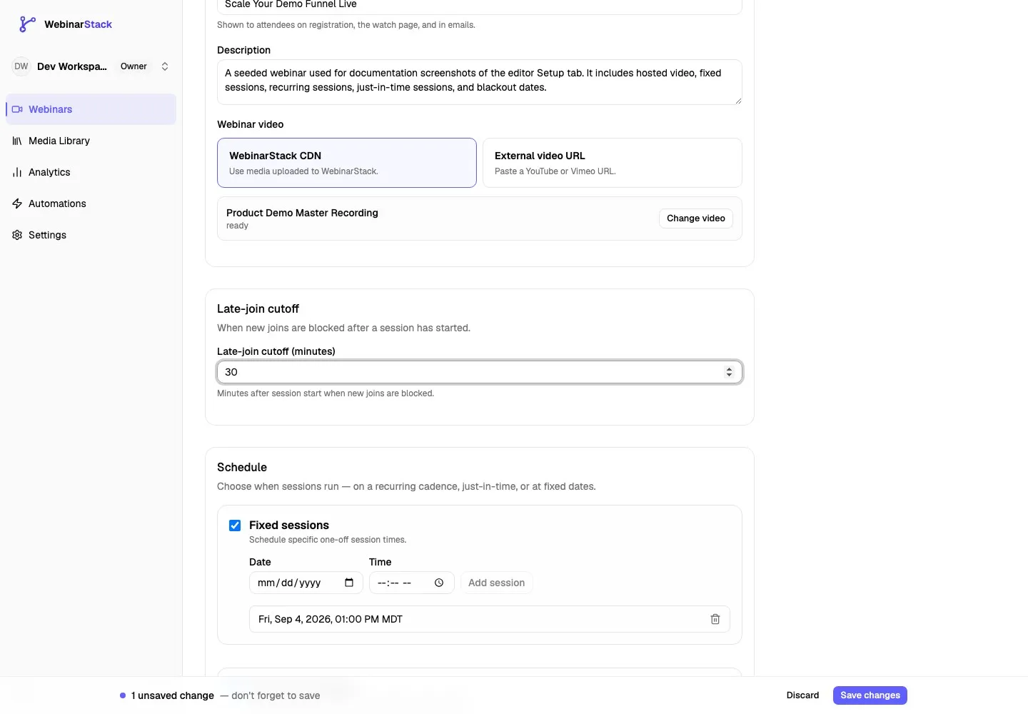 Setup tab with a changed late-join cutoff and the sticky Save changes bar showing one unsaved change