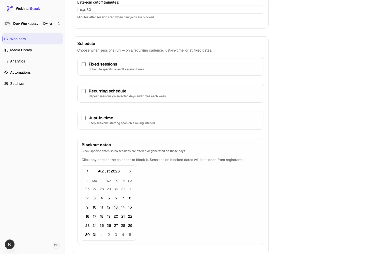 Setup schedule controls showing fixed sessions, recurring schedules, just-in-time sessions, and blackout dates