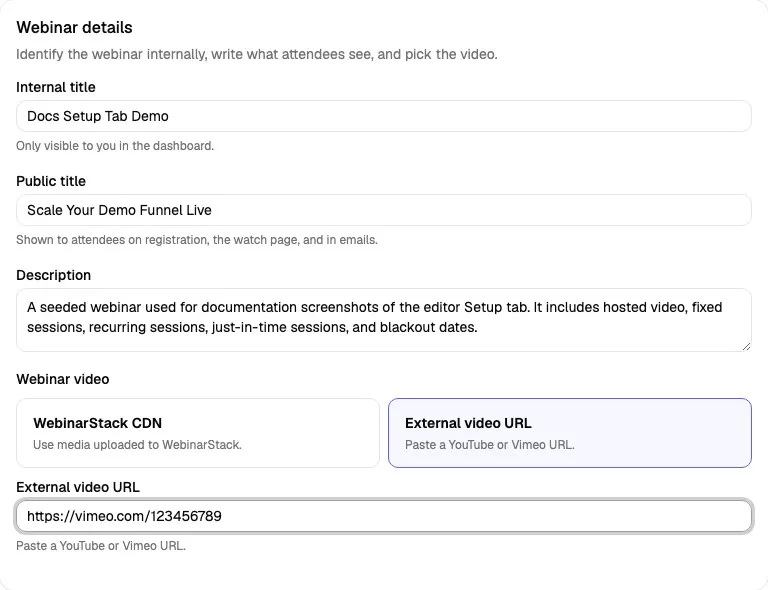 Webinar details card with External video URL selected and a Vimeo URL entered