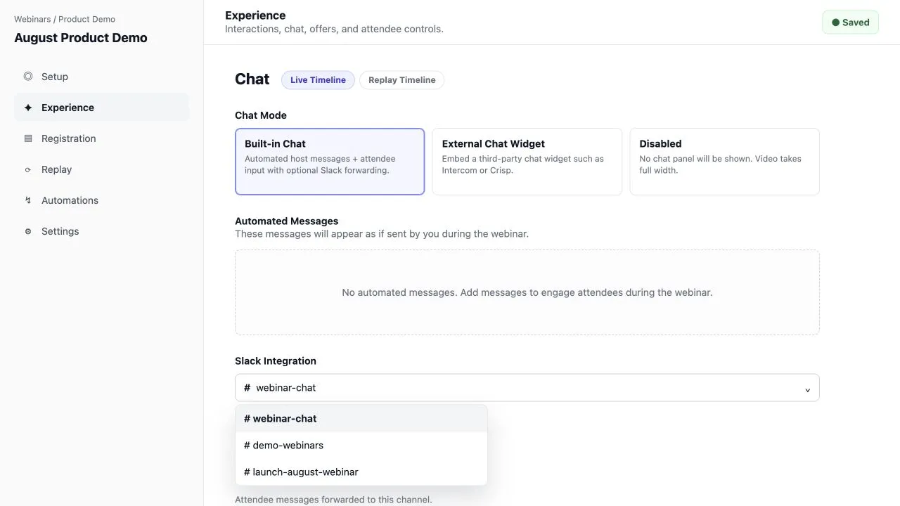 Webinar editor Chat tab showing Built-in Chat selected and the Slack Integration channel picker open with webinar channel options