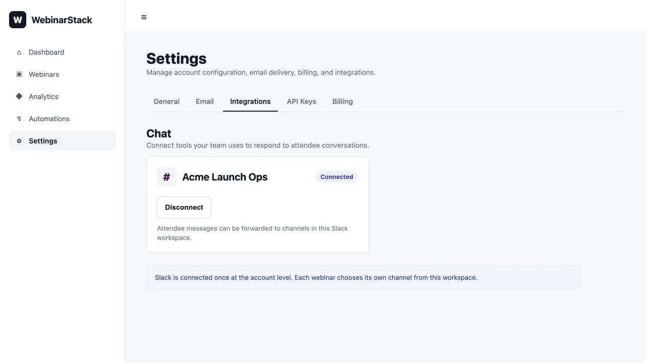 Settings Integrations tab showing a connected Slack workspace card with a Connected badge and Disconnect button