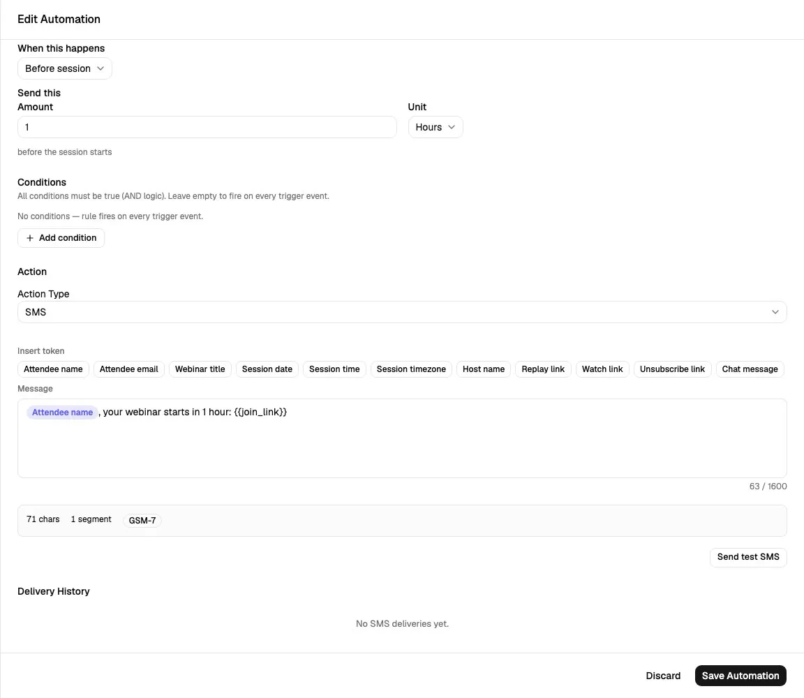 SMS automation action setup showing token chips, message body, segment counter, test SMS button, and delivery history