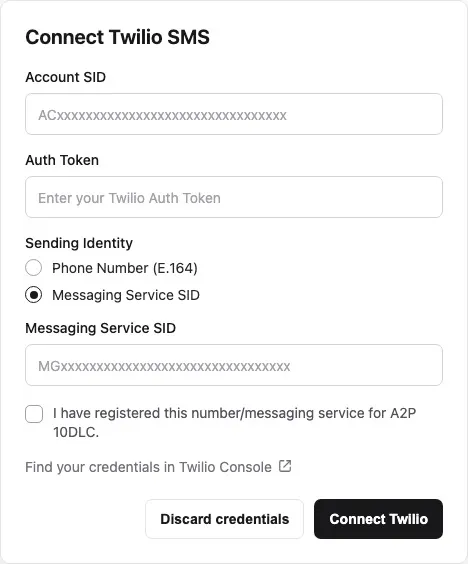 Connect Twilio SMS dialog with Messaging Service SID selected and the Messaging Service SID field visible