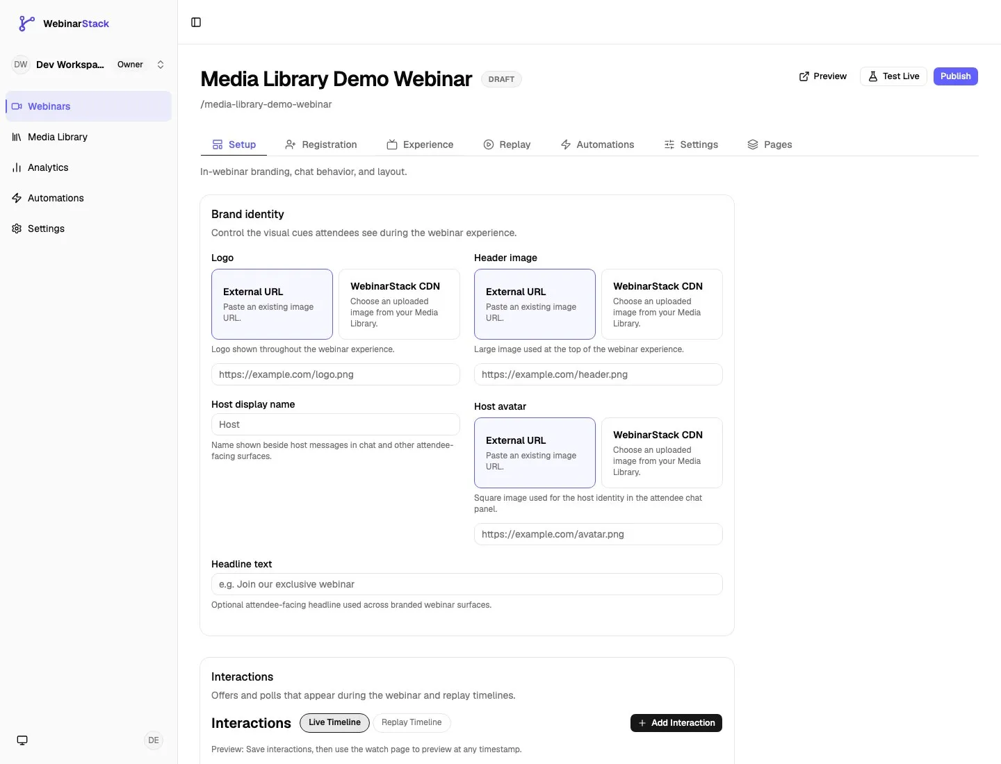 Webinar editor Experience tab showing image source options for logo, header image, and host avatar